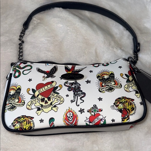 ED HARDY Tattoo Satchel And Shoulder Bag White NWT Love Kills Slowly ☠️🌹🦅🐅 - Picture 1 of 10
